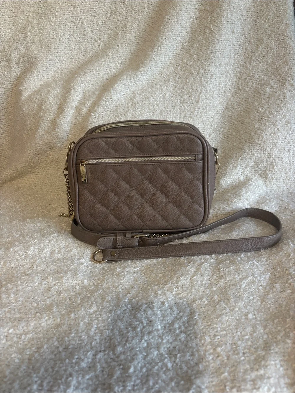 Itzy Ritzy Quilted Crossbody Mini Diaper Bag in Taupe Brown with Changing Pad